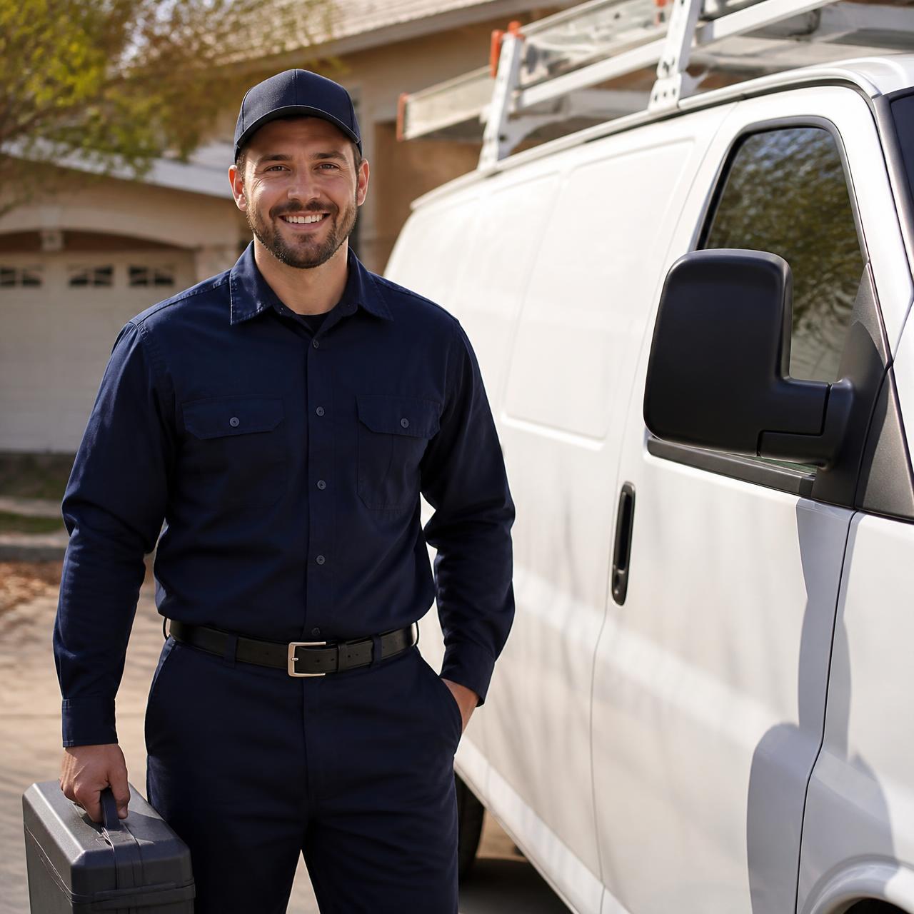 HVAC technician standing beside a service van in a driveway